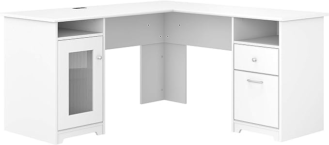 Bush Furniture Cabot L Shaped Computer Desk in White | Corner Table with Drawers and Storage for Personal Home Office Workspace - LeafyLoom