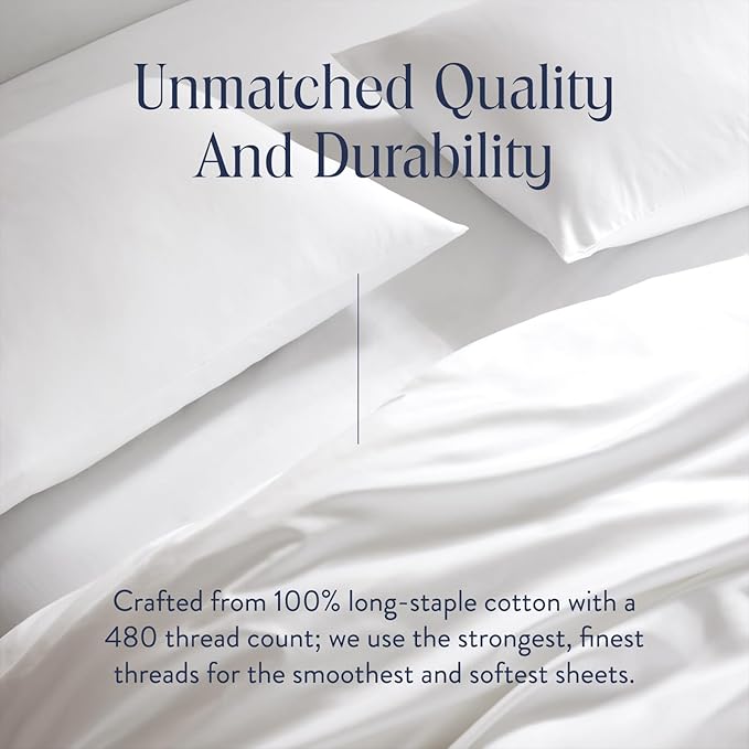 Brooklinen Luxury Sateen 4 Piece Twin XL Sheets Set in White - 100% Cotton Sateen Sheets - 1 Fitted Sheet, 1 Flat Sheet, 2 Pillowcases - Best Luxury Sheets Brooklinen