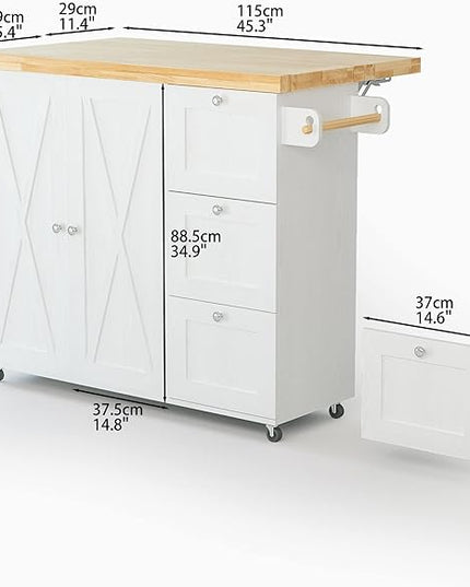 IRONCK Rolling Kitchen Island Cart with Drop-Leaf Countertop, Thicker Rubberwood Top, 3 Drawers, Barn Door Style Cabine, Spice Rack, on Wheels, for Kitchen and Dining Room, White - LeafyLoom