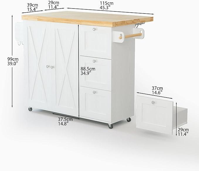 IRONCK Rolling Kitchen Island Cart with Drop-Leaf Countertop, Thicker Rubberwood Top, 3 Drawers, Barn Door Style Cabine, Spice Rack, on Wheels, for Kitchen and Dining Room, White - LeafyLoom