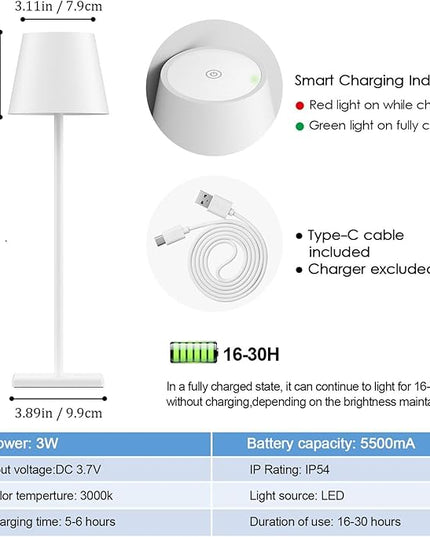 2-Pack Rechargeable Table Lamps, LED Cordless Table Lamp, 3W 5500mAh Battery Operated Table Light, Stepless Dimming Portable Table Light Waterproof for Restaurant/Indoor/Outdoor (White) - LeafyLoom