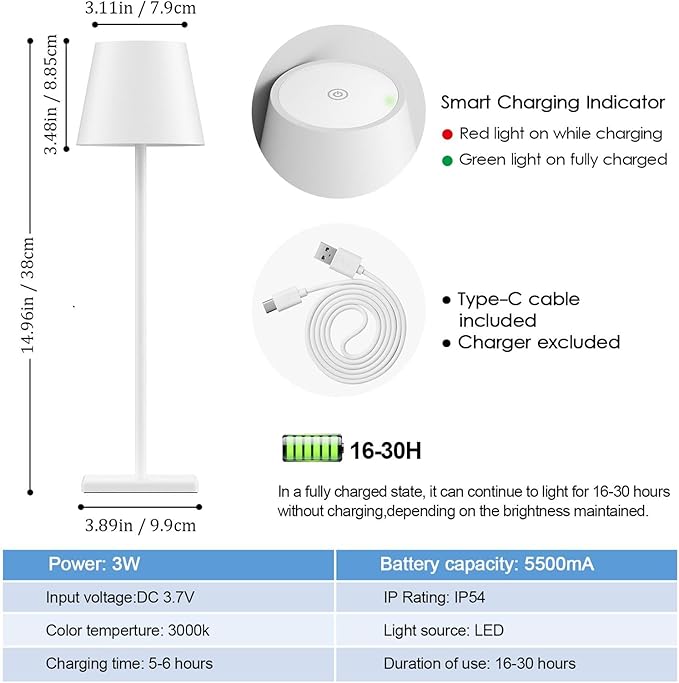 2-Pack Rechargeable Table Lamps, LED Cordless Table Lamp, 3W 5500mAh Battery Operated Table Light, Stepless Dimming Portable Table Light Waterproof for Restaurant/Indoor/Outdoor (White) - LeafyLoom