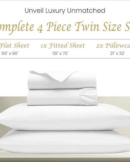 Bluemoon Homes Egyptian Cotton Sheets Twin - 4 Pc Sheet Set, 1000 Thread Count Bedding Set, Soft Luxury Sateen Cooling Sheet Set, Dorm Rooms & Adults, Twin Bed Sheets (White Sheets) - LeafyLoom