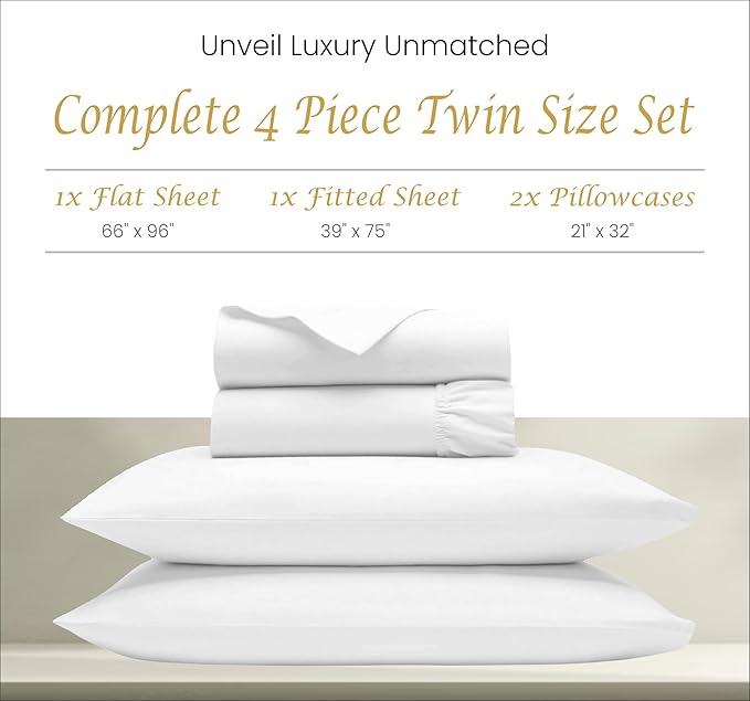 Bluemoon Homes Egyptian Cotton Sheets Twin - 4 Pc Sheet Set, 1000 Thread Count Bedding Set, Soft Luxury Sateen Cooling Sheet Set, Dorm Rooms & Adults, Twin Bed Sheets (White Sheets) - LeafyLoom