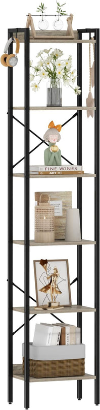 Bookshelf, Book Shelf, Industrial Bookcase with 2 Hooks, Coner Shelf Storage Organizer for Home Office, Living Room, Bedroom, Kitchen, 6-Tier Greige BC10705B - LeafyLoom