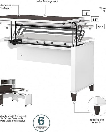 Bush Furniture Somerset 72W 3 Position Sit to Stand L Shaped Desk with Hutch in White and Storm Gray - LeafyLoom