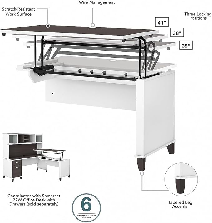 Bush Furniture Somerset 72W 3 Position Sit to Stand L Shaped Desk with Hutch in White and Storm Gray - LeafyLoom