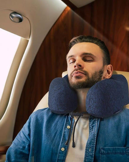 napfun Neck Pillow for Traveling, Upgraded Travel Neck Pillow for Airplane 100% Pure Memory Foam Travel Pillow for Flight Headrest Sleep, Portable Plane Accessories, Full Dark Blue, Medium (120-200LB) - LeafyLoom