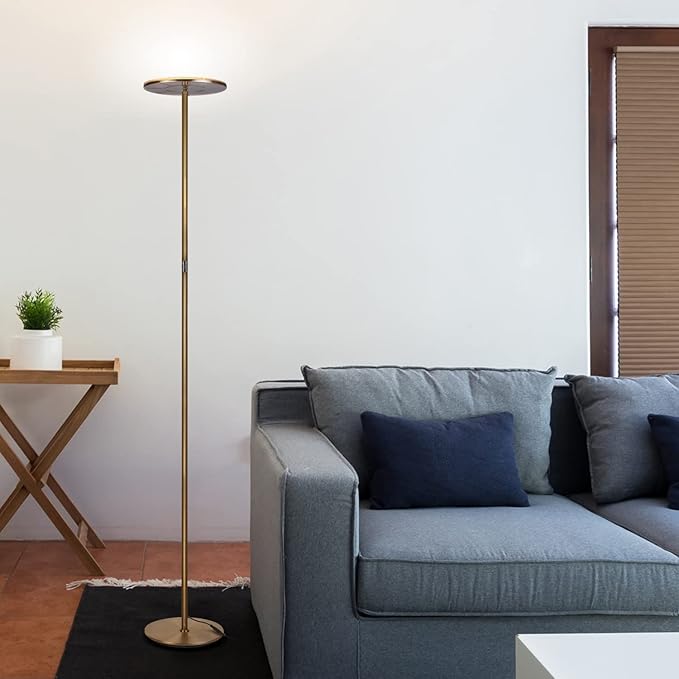 Brightech Sky LED Floor lamp for Living Rooms & Offices -Torchiere Super Bright , Dimmable, Tall Standing Lamp for Bedroom Reading - Gold Brass - LeafyLoom