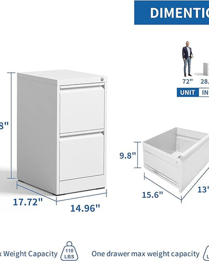 Vertical File Cabinet with Drawer, 2 Drawer File Cabinet with Lock, Filing Cabinets for Home Office, Hanging Files for A4/ Legal/Letter, White - LeafyLoom