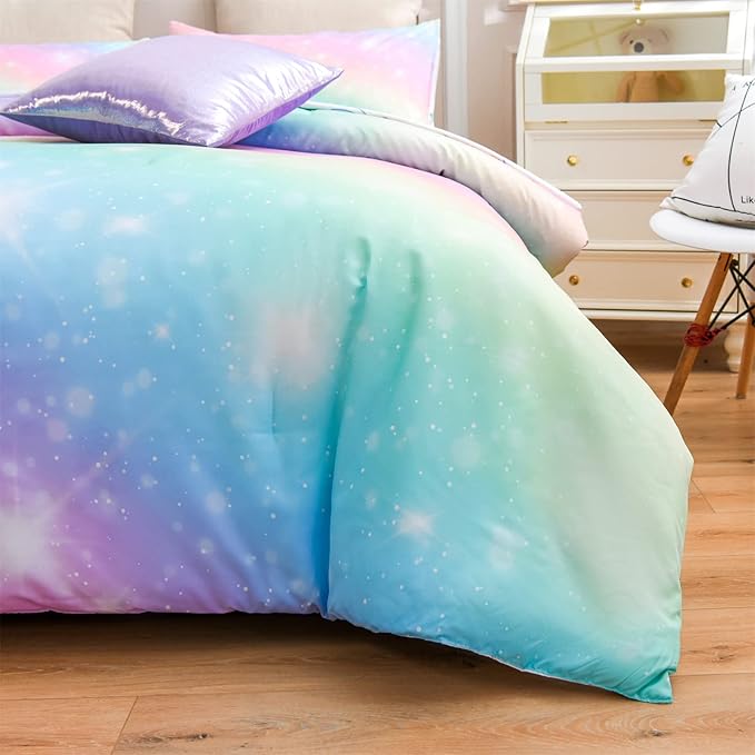 A Nice Night 6Pcs Gradient Glitter Bedding Set for Girls Full Size, Colorful Rainbow Galaxy Comforter Set, Ultra Soft Bedding Sets, Pink - LeafyLoom