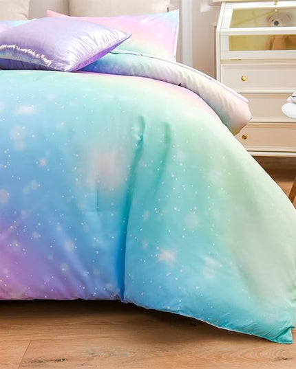 A Nice Night 6Pcs Gradient Glitter Bedding Set for Girls Twin Size, Colorful Rainbow Galaxy Comforter Set, Ultra Soft Bedding Sets, Pink - LeafyLoom