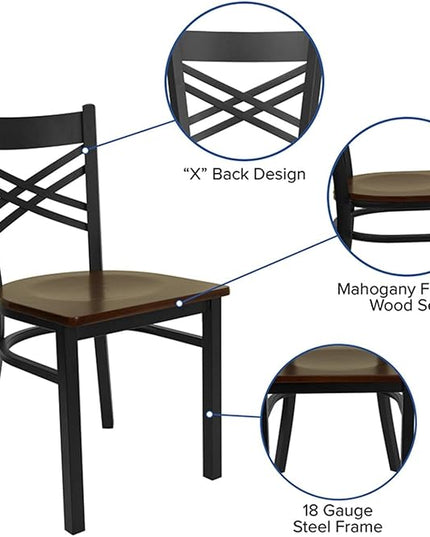 Flash Furniture HERCULES Series Black ''X'' Back Metal Restaurant Chair - Mahogany Wood Seat - LeafyLoom