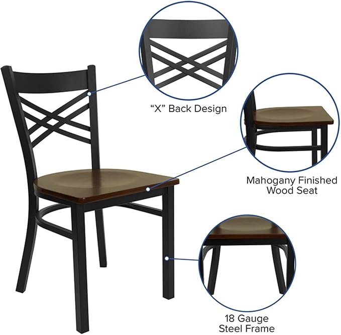 Flash Furniture HERCULES Series Black ''X'' Back Metal Restaurant Chair - Mahogany Wood Seat - LeafyLoom