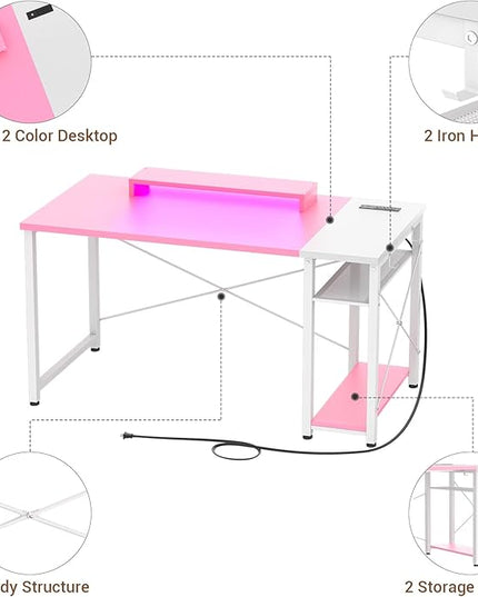 armocity 47 Gaming Computer Desk with LED Lights, Power Outlet and USB, Reversible Laptop Table with Moveable Monitor Stand for Small Spaces, Office, Gaming Room, Pink and White - LeafyLoom