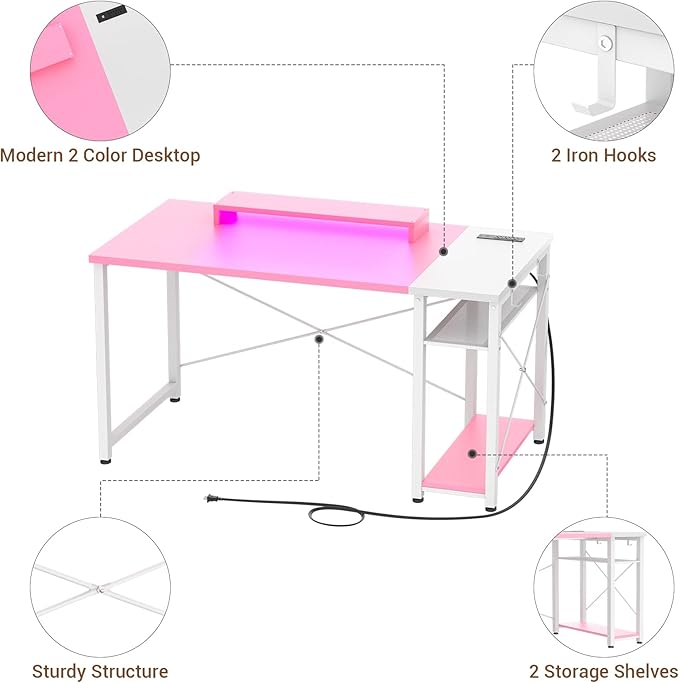 armocity 47 Gaming Computer Desk with LED Lights, Power Outlet and USB, Reversible Laptop Table with Moveable Monitor Stand for Small Spaces, Office, Gaming Room, Pink and White - LeafyLoom