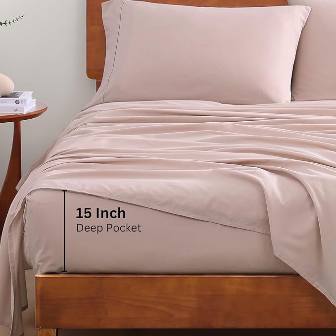LANE LINEN Queen Bed Sheets Set - 100% Organic Cotton Sheets Queen Size, 4Pc Queen Bed Sheet, Hotel Luxury Bed Sheets Set, Breathable Sheets queen size bed set deep pockets upto 15" - Dusty Rose - LeafyLoom