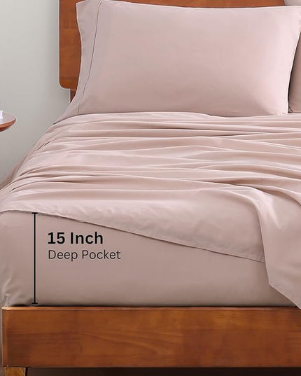LANE LINEN RV Queen Sheets Set - 100% Organic Cotton Camper Sheet Sets 15" Deep Pocket Fitted (Short Sepia Rose) - LeafyLoom