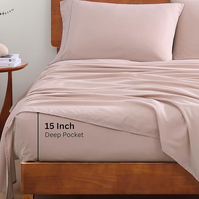LANE LINEN RV Queen Sheets Set - 100% Organic Cotton Camper Sheet Sets 15" Deep Pocket Fitted (Short Sepia Rose) - LeafyLoom
