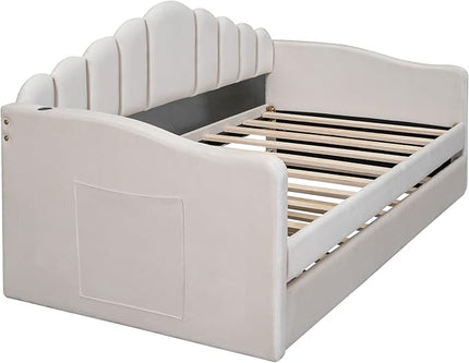 Twin Size Upholstered Daybed with Trundle and Striped Headboard, Velvet Sofa Bed w/USB Charging Ports & Side Pockets, for Bedroom Living Room, No Box-spring Needed, Beige - LeafyLoom
