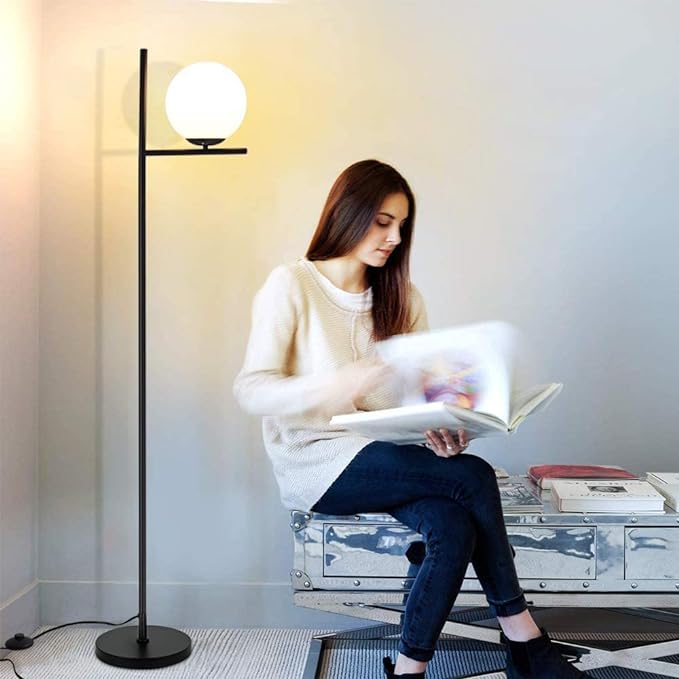 DLLT Modern LED Sphere Floor Lamp-9W Frosted Glass Globe Standing Lamps for bedroom, Energy Saving Mid Century Tall Pole Standing Accent lighting for Living Room, Office, Bedroom, Black - LeafyLoom
