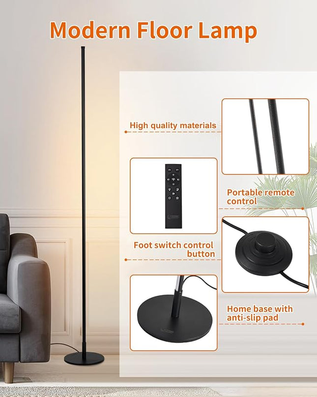 Modern Led Standing Corner Lamp Black Decor Contemporary Metal Floor Lamp for Living Room Bedrooms with Remote & Touch Control - LeafyLoom