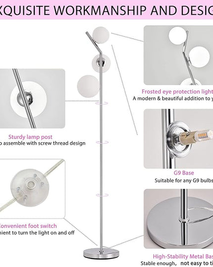 Modern Floor Lamp, LED Standing Tall Pole Lamp with Glass Shade, Elegant Mid Century Modern Floor Lamps for Living Room,Bedroom,Office,3 Lights (Bulbs Included) - LeafyLoom