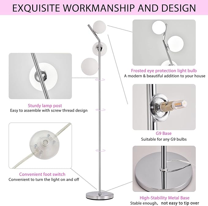 Modern Floor Lamp, LED Standing Tall Pole Lamp with Glass Shade, Elegant Mid Century Modern Floor Lamps for Living Room,Bedroom,Office,3 Lights (Bulbs Included) - LeafyLoom