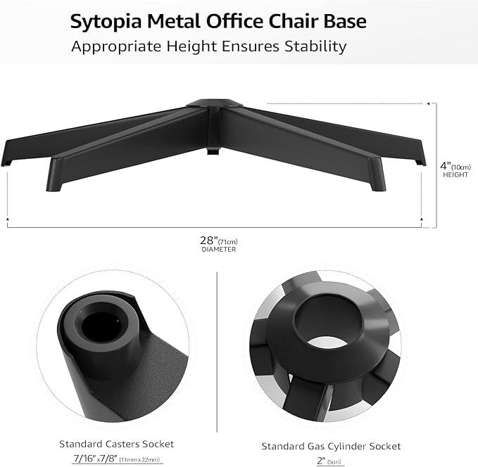 Office Chair Base, 28'' Desk Chair Base Replacement with Worldwide Metal Legs (2400Lbs), Chair Bottom Part for Most Chairs, Universal Gas Cylinder and Caster Sockets, Matte Black - LeafyLoom