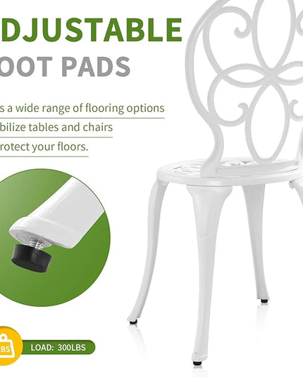3 Piece Cast Aluminum White Bistro Set Outdoor Bistro Table and Chairs Set of 2,Metal Bistro Patio Table Set with Umbrella Hole,Patio furniture Set for Garden,Front Porch. - LeafyLoom