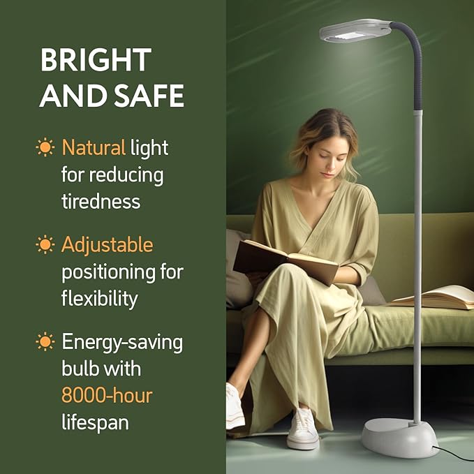 Natural Daylight Floor Lamp - Craft Light Floor Standing for Reading, Crafting, Sewing - 27W Full Spectrum White Bright Sunlight - Adjustable Gooseneck - Task Lamps for Living Room, Bedroom, Office - LeafyLoom