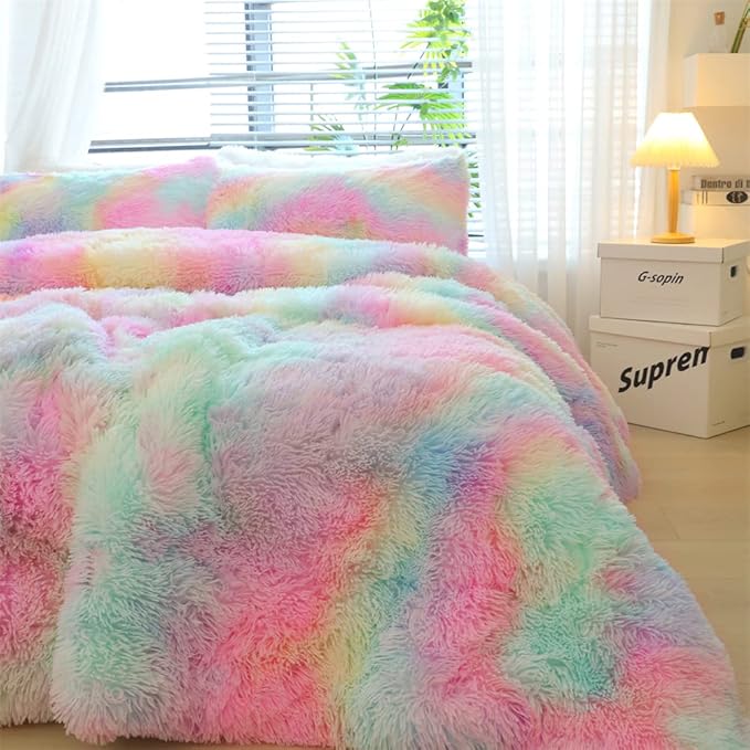 Faux Fur Kids Girls Cow Print Comforter Sets Twin/Full - 3PC Bed Set Warm Comfortable Soft Plush Flannel Velvet Fluffy Fuzzy Bedding（Comforter x 1 Pillowcases x 2） - LeafyLoom