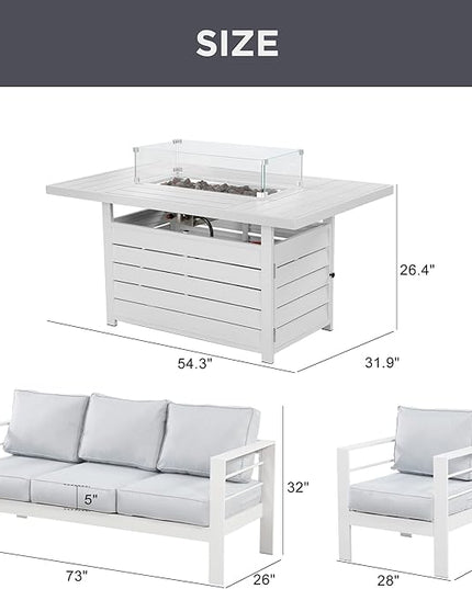 Wisteria Lane Aluminum Patio Furniture Set, 4 Pcs Metal Outdoor Furniture Set with CSA Certified 54in Propane Gas Fire Pit Table, Patio Conversation Set with 5in Olefin Cover Cushions, White - LeafyLoom
