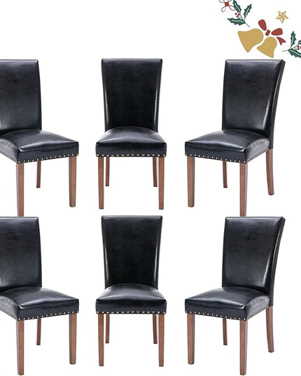 Parsons Dining Chairs Set of 6, Upholstered Nailhead PU Leather Dining Room Kitchen Side Chair with Thick Cushions and Wood Legs, Black - LeafyLoom