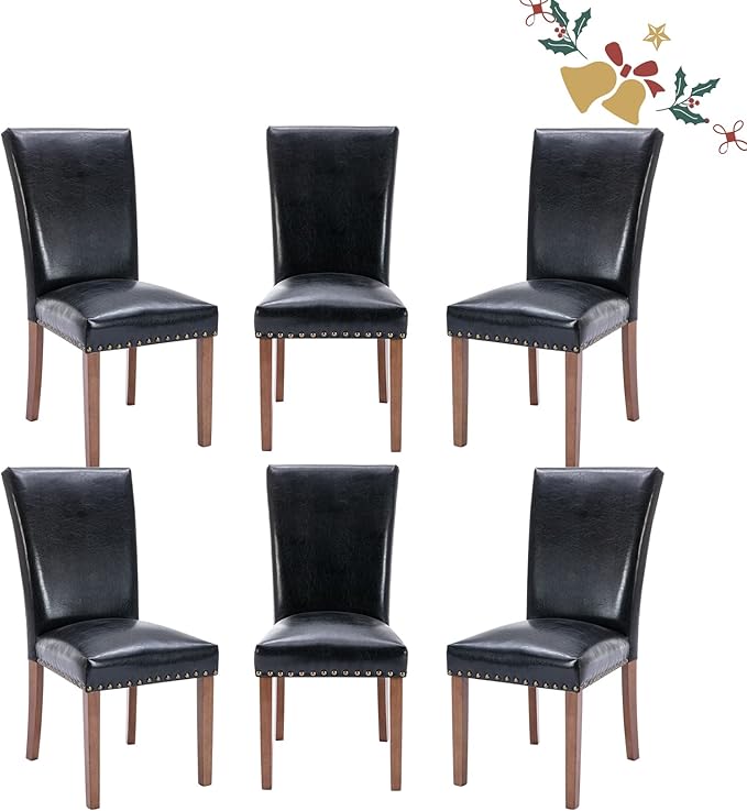 Parsons Dining Chairs Set of 6, Upholstered Nailhead PU Leather Dining Room Kitchen Side Chair with Thick Cushions and Wood Legs, Black - LeafyLoom