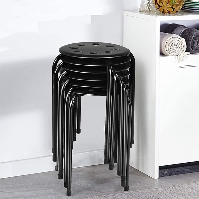 Hysache Plastic Stackable Stools Set of 6, 17.5" Multipurpose Stool Chairs w/Metal Frame, X-Shape Connection, Non-Slip Feet, Backless School Classroom Nesting Stool for Students Child Kids (Black) - LeafyLoom