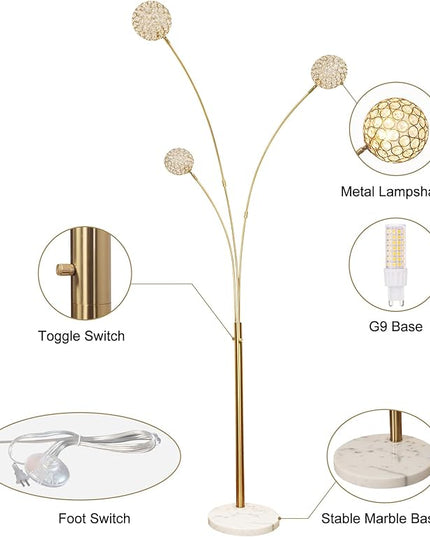 DLLT Floor Lamps for Living Room, 3-Light Gold Arc Standing Lamp, 86.6" Modern Tall Tree Floor Lamp with Adjustable Arms, Multi-Head LED Floor Lamps for Bedroom, Study, Office, G9 Bulbs Included - LeafyLoom
