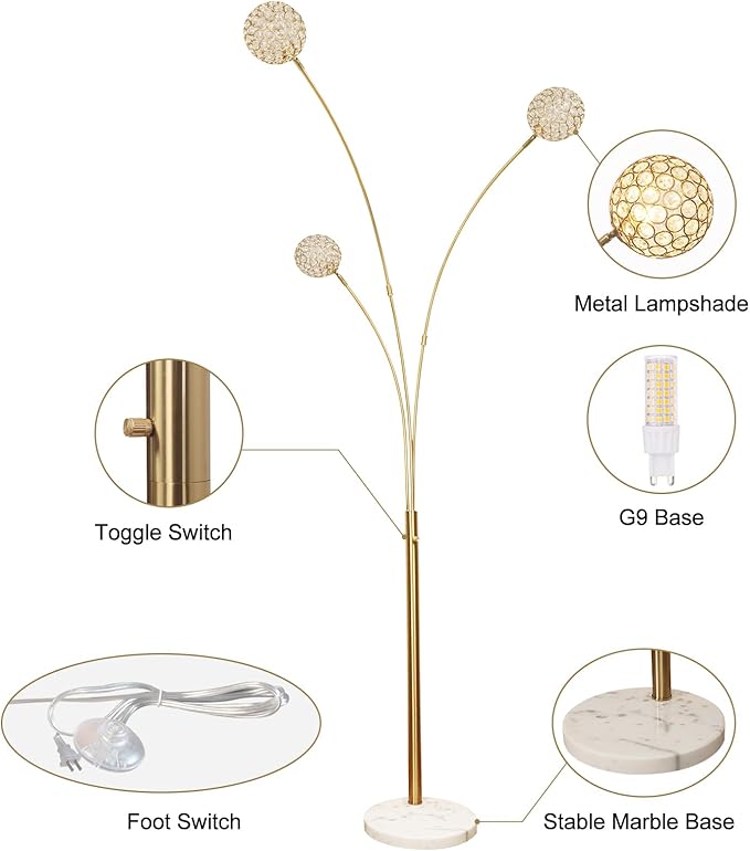 DLLT Floor Lamps for Living Room, 3-Light Gold Arc Standing Lamp, 86.6" Modern Tall Tree Floor Lamp with Adjustable Arms, Multi-Head LED Floor Lamps for Bedroom, Study, Office, G9 Bulbs Included - LeafyLoom