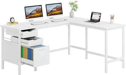 Tribesigns L Shaped Desk with File Drawer Cabinet, 59 Inch Corner Desk L Shaped Computer Desk with Drawers, PC Table Writing Desk for Home Office, White - LeafyLoom