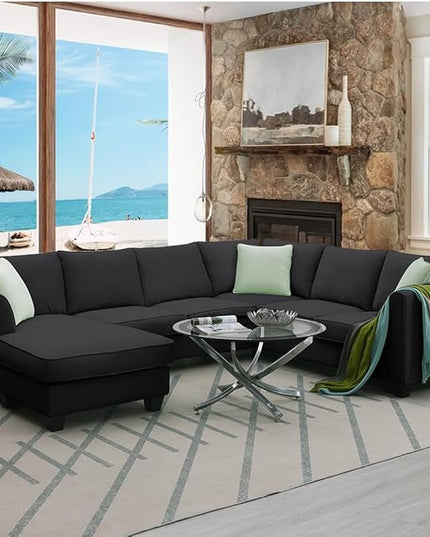 UBGO Funiture Living Room, Modern, L U-Shape, 7 Seats Modular Sectional Sofa with Ottoman,11287" Corner Couch Set with 3 Pillows,Black - LeafyLoom