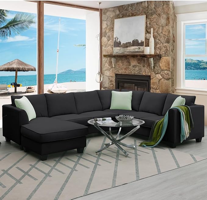 UBGO Funiture Living Room, Modern, L U-Shape, 7 Seats Modular Sectional Sofa with Ottoman,11287" Corner Couch Set with 3 Pillows,Black - LeafyLoom