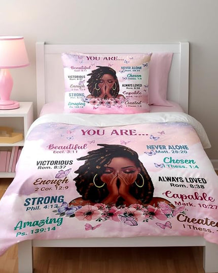 Twin Size Comforter Set with Powerful Quotes from Girls,3 Pieces Featuring African-American Girl - Ideal Gift Bedding for Teens and Women Pink White - LeafyLoom