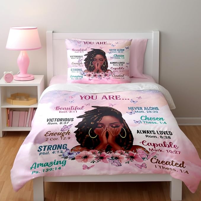 Twin Size Comforter Set with Powerful Quotes from Girls,3 Pieces Featuring African-American Girl - Ideal Gift Bedding for Teens and Women Pink White - LeafyLoom