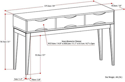 SIMPLIHOME Harper SOLID WOOD 54 inch Wide Mid Century Modern Console Sofa Entryway Table in Walnut Brown with Storage, 3 Drawers , for the Living Room, Entryway and Bedroom - LeafyLoom