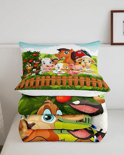 Kids Cartoon Comforter Set Toddler Cute Farm Animals Comforter Cattle Sheep Pigs Dogs Horses Bedding Set for Boys Girls Children Farmhouse Duvet Set Ultra Soft Room Decor Queen Size Colorful Quilt Set - LeafyLoom