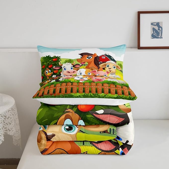 Kids Cartoon Comforter Set Toddler Cute Farm Animals Comforter Cattle Sheep Pigs Dogs Horses Bedding Set for Boys Girls Children Farmhouse Duvet Set Ultra Soft Room Decor Queen Size Colorful Quilt Set - LeafyLoom