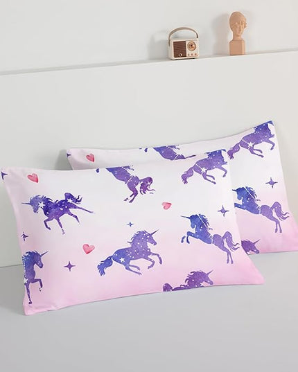 HOSIMA Kawaii Unicorn Comforter,Purple Unicorn with Stars and Love Heart Princess Toddler Bedding Set-Soft Microfiber King Size Comforter Set,Fairycore Room Decor Pink Comforter with 2 Pillowcases. - LeafyLoom