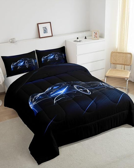 Feelyou Blue Race Car Bedding Set King Size for Kids Boys Extreme Sport Games Comforter Set Teens Toddler Fast and Furious Duvet Set Cool Modern Quilt Set 3Pcs - LeafyLoom