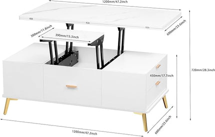 47 Inch Lift Top Coffee Table with 4 Drawers, Modern Center Table with Extendable Tabletop and Open Shelf, Multi Functional Coffee Table for Living Room, White - LeafyLoom