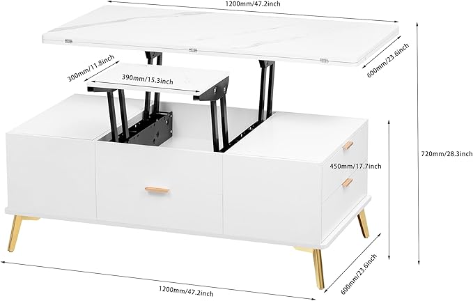47 Inch Lift Top Coffee Table with 4 Drawers, Modern Center Table with Extendable Tabletop and Open Shelf, Multi Functional Coffee Table for Living Room, White - LeafyLoom